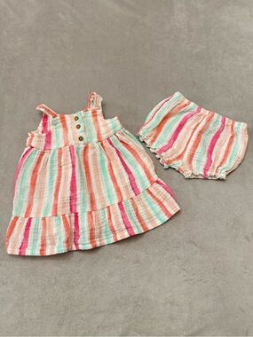 Koala Baby 2 Pc Striped Gauze Dress & Bloomer Set 3 Months Pink Coral Mint Cotto